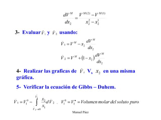 Manuel Páez
3- Evaluar y usando:
4- Realizar las graficas de Vs en una misma
gráfica.
5- Verificar la ecuación de Gibbs – Duhem.
 