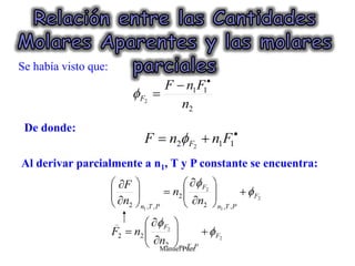 Manuel Páez
Se había visto que:
De donde:
Al derivar parcialmente a n1, T y P constante se encuentra:
 