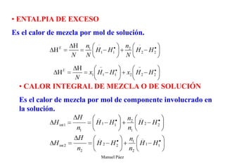 Manuel Páez
• ENTALPIA DE EXCESO
Es el calor de mezcla por mol de solución.
• CALOR INTEGRAL DE MEZCLA O DE SOLUCIÓN
Es el calor de mezcla por mol de componente involucrado en
la solución.
 
