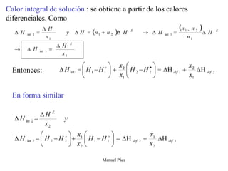 Manuel Páez
Calor integral de solución : se obtiene a partir de los calores
diferenciales. Como
Entonces:
En forma similar
 