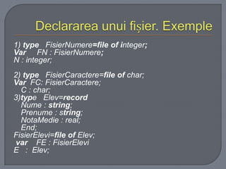 1) type FisierNumere=file of integer;
Var FN : FisierNumere;
N : integer;
2) type FisierCaractere=file of char;
Var FC: FisierCaractere;
C : char;
3)type Elev=record
Nume : string;
Prenume : string;
NotaMedie : real;
End;
FisierElevi=file of Elev;
var FE : FisierElevi
E : Elev;

 