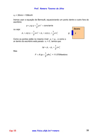 Prof. Romero Tavares da Silva
Cap 15 www.fisica.ufpb.br/~romero 33
v2 = 30m/s = 108km/h
Iremos usar a equação de Bernoulli, equacionando um ponto dentro e outro fora do
escritório:
teconsvygp tan
2
1 2
=++ ρρ
ou seja:
2
222
2
111
2
1
2
1
vygpvygp ρρρρ ++=++
Como os pontos estão no mesmo nível y1 = y2 , e como o
ar dentro do escritório está parado v1 = 0 , temos que:
Dentro
2 1
2
221
2
1
vppp ρ=−=∆
Mas
2
2
2
1
AvpAF ρ=∆= = 11.070Newtons
 