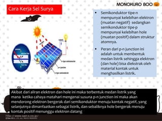  Semikonduktor tipe-n
mempunyai kelebihan elektron
(muatan negatif) sedangkan
semikonduktor tipe-p
mempunyai kelebihan hole
(muatan positif) dalam struktur
atomnya.
 Peran dari p-n junction ini
adalah untuk membentuk
medan listrik sehingga elektron
(dan hole) bisa diekstrak oleh
material kontak untuk
menghasilkan listrik.
Akibat dari aliran elektron dan hole ini maka terbentuk medan listrik yang
mana ketika cahaya matahari mengenai susuna p-n junction ini maka akan
mendorong elektron bergerak dari semikonduktor menuju kontak negatif, yang
selanjutnya dimanfaatkan sebagai listrik, dan sebaliknya hole bergerak menuju
kontak positif menunggu elektron datang
Cara Kerja Sel Surya
 