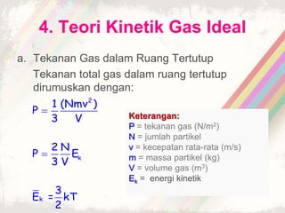 4. Teori Kinetik Gas Ideal 
a. Tekanan Gas dalam Ruang Tertutup 
Tekanan total gas dalam ruang tertutup 
dirumuskan dengan: 
 
 
2 
k 
k 
1 (Nmv ) 
P 
3 V 
2N 
P E 
3 V 
3 
E = kT 
2 
Keterangan: 
P = tekanan gas (N/m2) 
N = jumlah partikel 
v = kecepatan rata-rata (m/s) 
m = massa partikel (kg) 
V = volume gas (m3) 
Ek = energi kinetik 
 
