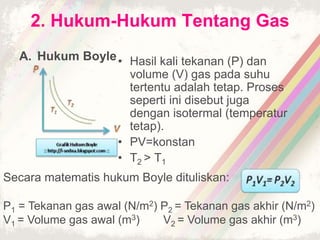 2. Hukum-Hukum Tentang Gas 
A. Hukum Boyle • Hasil kali tekanan (P) dan 
volume (V) gas pada suhu 
tertentu adalah tetap. Proses 
seperti ini disebut juga 
dengan isotermal (temperatur 
tetap). 
• PV=konstan 
• T2 > T1 
Secara matematis hukum Boyle dituliskan: 
P1 = Tekanan gas awal (N/m2) P2 = Tekanan gas akhir (N/m2) 
V1 = Volume gas awal (m3) V2 = Volume gas akhir (m3) 
 