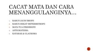 1. RABUN JAUH (MIOPI)
2. RABUN DEKAT (HIPERMETROPI)
3. MATA TUA (PRESBIOPI)
4. ASTIGMATISMA
5. KATARAK & GLAUKOMA
 