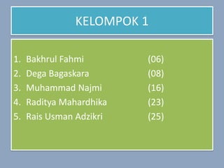KELOMPOK 1
1. Bakhrul Fahmi (06)
2. Dega Bagaskara (08)
3. Muhammad Najmi (16)
4. Raditya Mahardhika (23)
5. Rais Usman Adzikri (25)
 