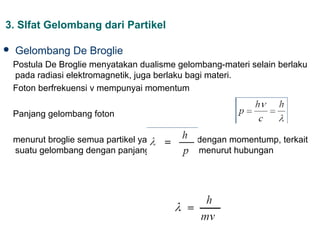 3. SIfat Gelombang dari Partikel

   Gelombang De Broglie
    Postula De Broglie menyatakan dualisme gelombang-materi selain berlaku
    pada radiasi elektromagnetik, juga berlaku bagi materi.
    Foton berfrekuensi v mempunyai momentum

    Panjang gelombang foton

    menurut broglie semua partikel yang bergerak dengan momentump, terkait
    suatu gelombang dengan panjang gelombang menurut hubungan
 