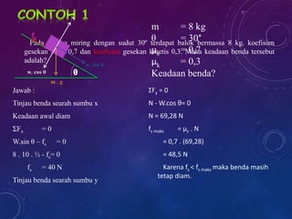 Pada bidang miring dengan sudut 30º terdapat balok bermassa 8 kg. koefisien 
gesekan statis 0,7 dan koefisien gesekan kinetis 0,3. Maka keadaan benda tersebut 
adalah? 
Jawab : 
Tinjau benda searah sumbu x 
Keadaan awal diam 
ΣFx = 0 
W.sin θ – fs = 0 
8 . 10 . ½ - fs= 0 
fs = 40 N 
Tinjau benda searah sumbu y 
ΣFy = 0 
N - W.cos θ= 0 
N = 69,28 N 
fs maks = μs . N 
= 0,7 . (69,28) 
= 48,5 N 
Karena fs < fs maks maka benda masih 
tetap diam. 
w. cos θ 
w. sin θ 
N 
m . g 
m = 8 kg 
θ = 30° 
μs = 0,7 
μk = 0,3 
Keadaan benda? 
 