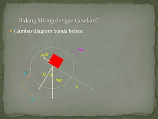  Gambar diagram benda bebas: 
 
i 
j 
mg 
KN 
N 
ma 
 
 