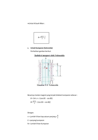  Untuk N buah lilitan :
B =
µ0 𝑁
2
I
r
c. Untuk Kumparan (Solenoida)
Perhatikan gambar berikut.
Besarnya medan magnet yang terjadi didalam kumparan sebesar :
B = 2π k. n .I (cos ∅1 - cos ∅2)
B=
µ0 .𝑛
2
I (cos ∅1 – cos ∅2)
Dengan:
n = jumlah lilitan tiap satuan panjang =
N
£
£ = panjang kumparan
N = Jumlah lilitan Kumparan
 
