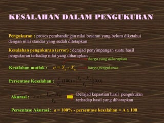 KESALAHAN DALAM PENGUKURAN 
Pengukuran : proses pembandingan nilai besaran yang belum diketahui 
dengan nilai standar yang sudah ditetapkan 
Kesalahan pengukuran (error) : derajad penyimpangan suatu hasil 
pengukuran terhadap nilai yang diharapkan 
harga yang diharapkan 
Kesalahan mutlak : e = Y- Xn n 
harga pengukuran 
Y X 
e = - 
n n 
Persentase Kesalahan : (100) (100) 
n Y 
n 
Y 
Akurasi : 
A = 1- Y - X 
n n 
Y 
n 
Derajad kepastian hasil pengukuran 
terhadap hasil yang diharapkan 
Persentase Akurasi : a = 100% - persentase kesalahan = A x 100 
 