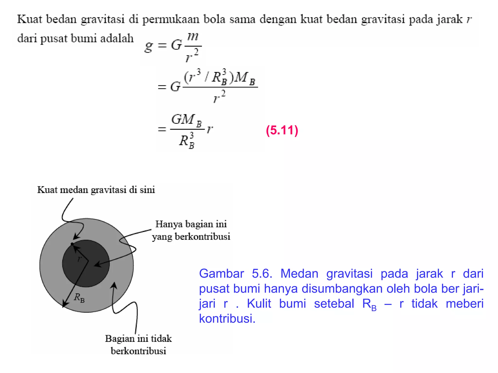 (5.11)
Gambar 5.6. Medan gravitasi pada jarak r dari
pusat bumi hanya disumbangkan oleh bola ber jari-
jari r . Kulit bumi setebal RB – r tidak meberi
kontribusi.
 