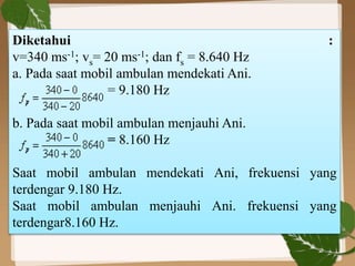 Diketahui :
v=340 ms-1; vs= 20 ms-1; dan fs = 8.640 Hz
a. Pada saat mobil ambulan mendekati Ani.
= 9.180 Hz
b. Pada saat mobil ambulan menjauhi Ani.
= 8.160 Hz
Saat mobil ambulan mendekati Ani, frekuensi yang
terdengar 9.180 Hz.
Saat mobil ambulan menjauhi Ani. frekuensi yang
terdengar8.160 Hz.
 