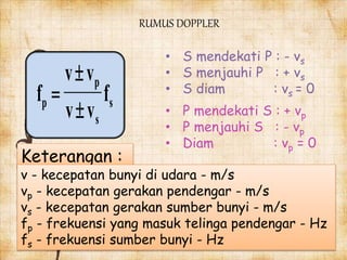 RUMUS DOPPLER
f
v v
v v
fp
p
s
s


Keterangan :
v - kecepatan bunyi di udara - m/s
vp - kecepatan gerakan pendengar - m/s
vs - kecepatan gerakan sumber bunyi - m/s
fp - frekuensi yang masuk telinga pendengar - Hz
fs - frekuensi sumber bunyi - Hz
• P mendekati S : + vp
• P menjauhi S : - vp
• Diam : vp = 0
• S mendekati P : - vs
• S menjauhi P : + vs
• S diam : vs = 0
 