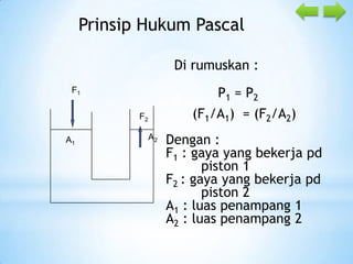 Prinsip Hukum Pascal
Di rumuskan :
P1 = P2

F1

(F1/A1) = (F2/A2)

F2
A1

A2

Dengan :
F1 : gaya yang bekerja pd
piston 1
F2 : gaya yang bekerja pd
piston 2
A1 : luas penampang 1
A2 : luas penampang 2

 