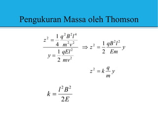 Pengukuran Massa oleh Thomson
y
m
q
k
z
y
Em
l
qB
z
mv
qEl
y
v
m
l
B
q
z





2
2
2
2
2
2
2
2
4
2
2
2
2
1
2
1
4
1
E
B
l
k
2
2
2

 
