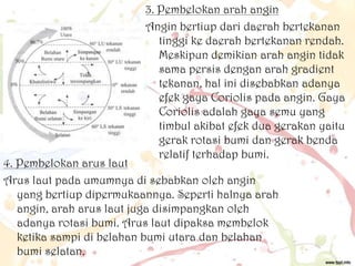 3. Pembelokan arah angin
Angin bertiup dari daerah bertekanan
tinggi ke daerah bertekanan rendah.
Meskipun demikian arah angin tidak
sama persis dengan arah gradient
tekanan, hal ini disebabkan adanya
efek gaya Coriolis pada angin. Gaya
Coriolis adalah gaya semu yang
timbul akibat efek dua gerakan yaitu
gerak rotasi bumi dan gerak benda
relatif terhadap bumi.

4. Pembelokan arus laut
Arus laut pada umumnya di sebabkan oleh angin
yang bertiup dipermukaannya. Seperti halnya arah
angin, arah arus laut juga disimpangkan oleh
adanya rotasi bumi. Arus laut dipaksa membelok
ketika sampi di belahan bumi utara dan belahan
bumi selatan.

 