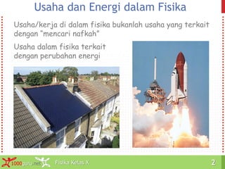 Fisika Kelas X1000guru.net 2Fisika Kelas X1000guru.net 2
Usaha dan Energi dalam Fisika
Usaha/kerja di dalam fisika bukanlah usaha yang terkait
dengan “mencari nafkah”
Usaha dalam fisika terkait
dengan perubahan energi
 