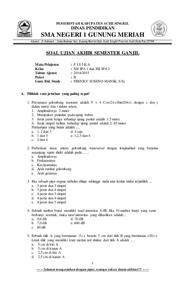 Soal Ujian Fisika kelas xii ipa semester 5