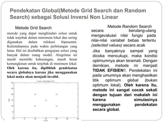 Pendekatan Global(Metode Grid Search dan Random
Search) sebagai Solusi Inversi Non Linear
Metode Grid Search Metode Random Search
secara berulang-ulang
mengevaluasi nilai fungsi pada
nilai-nilai variabel bebas tertentu
(selected values) secara acak
Jika banyaknya sampel yang
dicoba mencukupi, maka kondisi
optimumnya akan teramati. Dengan
demikian, metode ini menjadi
TIDAK EFISIEN!!. Pendekatan ini
pada umumnya akan menghasilkan
titik optimum global (bukan
optimum lokal). Oleh karena itu,
metode ini sangat cocok sekali
dengan tujuan dari makalah ini
karena simulasinya
menggunakan pendekatan
secara global.
metode yang dapat menghindari solusi untuk
tidak terjebak dalam minimum lokal dan sering
digunakan dalam relokasi hiposenter.
Kelemahannya pada waktu perhitungan yang
lama. Hal ini disebabkan pengujian solusi yang
banyak dalam ruang model. Alogritma ini
masih memiliki kekurangan, masih besar
kemungkinan untuk terjebak di minimum lokal.
Oleh karena itu, dipilihlah pendekatan
secara globalnya karena jika menggunakan
lokal maka akan menjadi invalid.
 