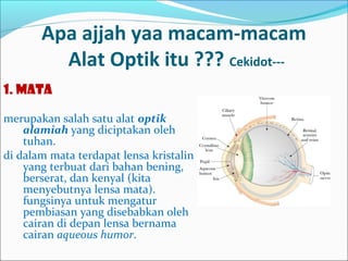 Apa ajjah yaa macam-macam
Alat Optik itu ??? Cekidot--1. MATA
merupakan salah satu alat optik
alamiah yang diciptakan oleh
tuhan.
di dalam mata terdapat lensa kristalin
yang terbuat dari bahan bening,
berserat, dan kenyal (kita
menyebutnya lensa mata).
fungsinya untuk mengatur
pembiasan yang disebabkan oleh
cairan di depan lensa bernama
cairan aqueous humor.

 