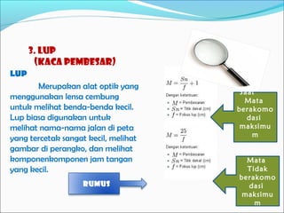 3. Lup
(kaca Pembesar)
LUP
Merupakan alat optik yang
menggunakan lensa cembung
untuk melihat benda-benda kecil.
Lup biasa digunakan untuk
melihat nama-nama jalan di peta
yang tercetak sangat kecil, melihat
gambar di perangko, dan melihat
komponenkomponen jam tangan
yang kecil.
RUMUS

Saat
Mata
berakomo
dasi
maksimu
m
Saat
Mata
Tidak
berakomo
dasi
maksimu
m

 