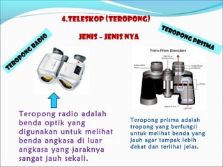 4.Teleskop (Teropong)

ER
T

PO
O

NG

IO
AD
R

jenis – jenis nya

Teropong radio adalah
benda optik yang
digunakan untuk melihat
benda angkasa di luar
angkasa yang jaraknya
sangat jauh sekali.

TER
OP

ON

Gp

ris
m

Teropong prisma adalah
tropong yang berfungsi
untuk melihat benda yang
jauh agar tampak lebih
dekat dan terlihat jelas.

a

 