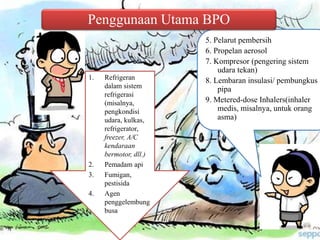 5. Pelarut pembersih
6. Propelan aerosol
7. Kompresor (pengering sistem
udara tekan)
8. Lembaran insulasi/ pembungkus
pipa
9. Metered-dose Inhalers(inhaler
medis, misalnya, untuk orang
asma)
1. Refrigeran
dalam sistem
refrigerasi
(misalnya,
pengkondisi
udara, kulkas,
refrigerator,
freezer, A/C
kendaraan
bermotor, dll.)
2. Pemadam api
3. Fumigan,
pestisida
4. Agen
penggelembung
busa
Penggunaan Utama BPO
 