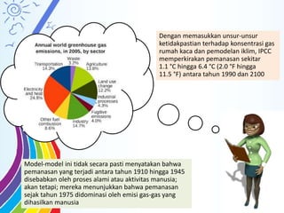 Model-model ini tidak secara pasti menyatakan bahwa
pemanasan yang terjadi antara tahun 1910 hingga 1945
disebabkan oleh proses alami atau aktivitas manusia;
akan tetapi; mereka menunjukkan bahwa pemanasan
sejak tahun 1975 didominasi oleh emisi gas-gas yang
dihasilkan manusia
Dengan memasukkan unsur-unsur
ketidakpastian terhadap konsentrasi gas
rumah kaca dan pemodelan iklim, IPCC
memperkirakan pemanasan sekitar
1.1 °C hingga 6.4 °C (2.0 °F hingga
11.5 °F) antara tahun 1990 dan 2100
 