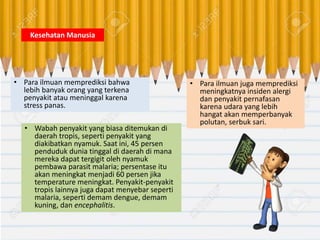 • Para ilmuan memprediksi bahwa
lebih banyak orang yang terkena
penyakit atau meninggal karena
stress panas.
• Wabah penyakit yang biasa ditemukan di
daerah tropis, seperti penyakit yang
diakibatkan nyamuk. Saat ini, 45 persen
penduduk dunia tinggal di daerah di mana
mereka dapat tergigit oleh nyamuk
pembawa parasit malaria; persentase itu
akan meningkat menjadi 60 persen jika
temperature meningkat. Penyakit-penyakit
tropis lainnya juga dapat menyebar seperti
malaria, seperti demam dengue, demam
kuning, dan encephalitis.
• Para ilmuan juga memprediksi
meningkatnya insiden alergi
dan penyakit pernafasan
karena udara yang lebih
hangat akan memperbanyak
polutan, serbuk sari.
Kesehatan Manusia
 