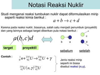 Studi mengenai reaksi tumbukan nuklir dapat diformulasikan mirip seperti reaksi kimia berikut : Notasi Reaksi Nuklir Karena pada reaksi nuklir, biasanya, salah satu menjadi penumbuk (proyektil) dan yang lainnya sebagai target diberikan pula notasi berikut :   Contoh : Jenis reaksi mirip seperti ini biasa disebut  reaksi (n, γ ) . target proyektil b a c d sebelum setelah 