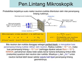 Pen.Lintang Mikroskopik Probabilitas terjadinya suatu reaksi neutron-nuklida ditentukan oleh nilai penampang lintang nuklirnya. Bila neutron dan nuklida dianggap sebagai  partikel klasik ,  σ  merupakan luas penampang lintang nuklida ‘dilihat’ oleh neutron . Radius nuklida ~  10 -12  cm , maka luas penampang lintang ~  10 -24  cm 2  (sehingga dipakai satuan  Barn = 10 -24 ).  NAMUN,  pemahaman diatas tidak selalu benar karena terkadang timbul efek (mekanika) quantum dari neutron dan nuklida. Misalnya  σ a  dari   54 Xe 135  untuk neutron lambat lebih besar sekitar  sejuta kali lipat  penampang lintang geometrisnya. 
