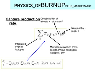 Capture production rate  PHYSICS_OF BURNUP PLUS_MATHEMATIC Concentration of isotope k , atoms/cm 3 Neutron flux , n/cm 2 -s Integrated over all isotopes Microscopic capture cross-section (minus fissions) of isotope k, cm 2 