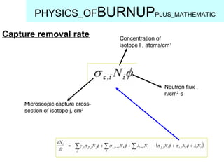 Capture removal rate PHYSICS_OF BURNUP PLUS_MATHEMATIC Neutron flux , n/cm 2 -s Concentration of isotope l , atoms/cm 3 Microscopic capture cross-section of isotope j, cm 2 