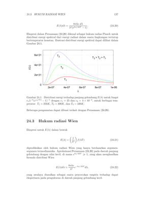 24.3. HUKUM RADIASI WIEN                                                        137


                                             8πhc dλ
                          E(λ)dλ =                        .                  (24.20)
                                         λ5 (ehc/λkT − 1)

Ekspresi dalam Persamaan (24.20) dikenal sebagai hukum radias Planck untuk
distribusi energi spektral dari energi radiasi dalam suatu lingkungan tertutup
bertemperatur konstan. Ilustrasi distribusi energi spektral dapat dilihat dalam
Gambar 24.1.



        6e+31             T3
                                                              T3 > T2 > T1

        4e+31
 E(λ)




                               T2


        2e+31
                                    T1

            0
                  2e-07             4e-07            6e-07      8e-07        1e-06
                                                 λ

Gambar 24.1: Distribusi energi terhadap panjang gelombang E(λ) untuk fungsi
c1 λ−5 (ec2 /T λ − 1)−1 dengan c1 = 25 dan c2 = 4 × 10−4 , untuk berbagai tem-
peratur: T1 = 250K, T2 = 300K, dan T3 = 330K.

Beberapa pengamatan dapat dibuat terkait dengan Persamaan (24.20).



24.3      Hukum radiasi Wien

Ekspresi untuk E(λ) dalam bentuk


                                            1
                               E(λ) =            f (λT )                     (24.21)
                                            λ5

diprediksikan oleh hukum radiasi Wien yang hanya berdasarkan argumen-
argumen termodinamika. Aproksimasi Persamaan (24.20) pada daerah panjang
gelombang dengan nilai kecil, di mana ehc/λkT ≫ 1, yang akan menghasilkan
formula distribusi Wien

                                         8πhc −hc/λkT
                          E(λ)dλ ≃           e        dλ,                    (24.22)
                                          λ5

yang awalnya diusulkan sebagai suatu pencocokan empiris terhadap dapat
eksperimen pada pengukuran di daerah panjang gelombang kecil.
 