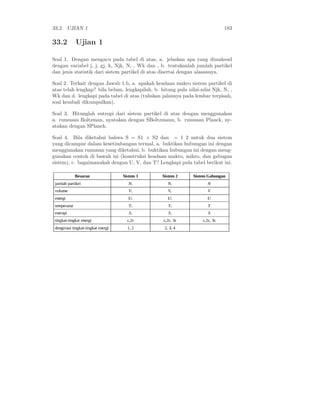 33.2. UJIAN 1                                                                183

33.2      Ujian 1

Soal 1. Dengan mengacu pada tabel di atas, a. jelaskan apa yang dimaksud
dengan variabel j, j, gj, k, Njk, N, , Wk dan , b. tentukanlah jumlah partikel
dan jenis statistik dari sistem partikel di atas disertai dengan alasannya.

Soal 2. Terkait dengan Jawab 1.b, a. apakah keadaan makro sistem partikel di
atas telah lengkap? bila belum, lengkapilah, b. hitung pula nilai-nilai Njk, N, ,
Wk dan d. lengkapi pada tabel di atas (tuliskan jalannya pada lembar terpisah,
soal kembali dikumpulkan).

Soal 3. Hitunglah entropi dari sistem partikel di atas dengan menggunakan
a. rumusan Boltzman, nyatakan dengan SBoltzmann, b. rumusan Planck, ny-
atakan dengan SPlanck.

Soal 4. Bila diketahui bahwa S = S1 + S2 dan = 1 2 untuk dua sistem
yang dicampur dalam kesetimbangan termal, a. buktikan hubungan ini dengan
menggunakan rumusan yang diketahui, b. buktikan hubungan ini dengan meng-
gunakan contoh di bawah ini (konstruksi keadaan makro, mikro, dan gabugan
sistem), c. bagaimanakah dengan U, V, dan T? Lengkapi pula tabel berikut ini.
 