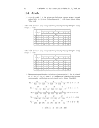 60                     CATATAN 10. STATISTIK FERMI-DIRAC: N J DAN ∆S

10.2        Jawab
     1. Agar diperoleh U = 19ǫ kelima partikel dapat disusun seperti tampak
        dalam Tabel 10.1 berikut. Sedangkan untuk U = 17ǫ dapat dilihat dalam
        Tabel 10.2.

Tabel 10.1: Susunan yang mungkin kelima partikel pada empat tingkat energi
dengan U = 19ǫ.
                                                  k
                 j     ǫj /ǫ    1      2     3          4    5     6
                                                  Njk
                 4       5       2    1       0         1    2     3
                 3       4       1    3       4         2    0     0
                 2       3       1    0       1         2    3     0
                 1       2       1    1       0         0    0     2
                     Uk /ǫ      19    19     19         19   19    19


Tabel 10.2: Susunan yang mungkin kelima partikel pada empat tingkat energi
dengan U = 17ǫ.
                                                  k
                 j     ǫj /ǫ    1      2     3          4    5     6
                                                  Njk
                 4       5       0    1       2         1    0     1
                 3       4       3    1       0         0    2     2
                 2       3       1    2       1         4    3     0
                 1       2       1    1       2         0    0     2
                     Uk /ǫ      17    17     17         17   17    17


     2. Dengan degenerasi tingkat-tingkat energi sistem pada Ta dan Va adalah
        g1 = 1, g2 = 3, g3 = 4, dan g4 = 6 maka dapat diperoleh penempatan
        yang mungkin bagi kelima partikel adalah seperti dalam Tabel 10.3.

                    6!         4!         3!         1!
        W1 =              ·          ·          ·           = 15 · 4 · 3 · 1 = 180
                2!(6 − 2)! 1!(4 − 1)! 1!(3 − 1)! 1!(1 − 1)!
                     6!         4!         3!         1!
         W2 =              ·          ·          ·           = 6 · 4 · 1 · 1 = 24
                 1!(6 − 1)! 3!(4 − 3)! 0!(3 − 0)! 1!(1 − 1)!
                     6!         4!         3!         1!
          W3 =             ·          ·          ·           =1·1·3·1= 3
                 0!(6 − 0)! 4!(4 − 4)! 1!(3 − 1)! 0!(1 − 0)!
                    6!         4!         3!         1!
         W4 =             ·          ·          ·           = 6 · 6 · 3 · 1 = 108
                1!(6 − 1)! 2!(4 − 2)! 2!(3 − 2)! 0!(1 − 0)!
                    6!         4!         3!         1!
         W5 =             ·          ·          ·           = 15 · 1 · 1 · 1 = 15
                2!(6 − 2)! 0!(4 − 0)! 3!(3 − 3)! 0!(1 − 0)!


                               Ω = 180 + 24 + 3 + 108 + 15 = 330
 