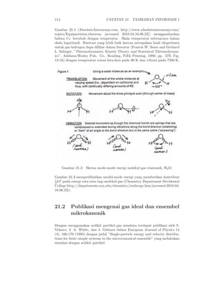 114 CATATAN 21. TAMBAHAN INFORMASI 1
Gambar 21.1 (AbsoluteAstronomy.com, http://www.absoluteastronomy.com/
topics/Equipartition theorem [accessed 2010.04.16.06.22]) menggambarkan
bahwa CV berubah dengan temperatur. Skala temperatur sebenarnya dalam
skala logaritmik. Ilustrasi yang lebih baik karena merupakan hasil eksperimen
untuk gas hidrogen dapa dilihat dalam literatur (Francis W. Sears and Gerhard
L. Salinger, ”Thermodynamics, Kinetic Theory, and Statistical Thermodynam-
ics”, Addison-Wesley Pub. Co., Reading, Fifth Printing, 1980, pp. 379, Fig.
12-16) dengan temperatur rotasi kira-kira pada 90 K dan vibrasi pada 7500 K.
Gambar 21.2: Sketsa mode-mode energi molekul gas triatomik, H2O.
Gambar 21.2 memperlihatkan model-mode energi yang memberikan kontribusi
1
2 kT pada energi rata-rata tiap molekul gas (Chemistry Department Occidental
College http://departments.oxy.edu/chemistry/enthropy.htm [accessed 2010.04.
16.06.23]).
21.2 Publikasi mengenai gas ideal dan ensembel
mikrokanonik
Dengan menggunakan sedikit partikel gas misalnya terdapat publikasi oleh S.
Velasco, J. A. White, dan J. G¨u´emez dalam European Journal of Physics 14
(4), 166-170 (1993) dengan judul ”Single-particle energy and velocity distribu-
tions for ﬁnite simple systems in the microcanonical ensemble” yang melakukan
simulasi dengan sedikit partikel.
 