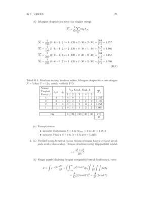 31.2. JAWAB 171
(b) Bilangan okupasi rata-rata tiap tingkat energi:
Nj =
1
Ω
k
WkNjk
N1 =
1
210
(0 · 6 + 1 · 24 + 1 · 120 + 2 · 30 + 2 · 30) =
264
210
= 1.257
N2 =
1
210
(3 · 6 + 1 · 24 + 2 · 120 + 0 · 30 + 1 · 30) =
312
210
= 1.486
N3 =
1
210
(2 · 6 + 3 · 24 + 1 · 120 + 2 · 30 + 0 · 30) =
264
210
= 1.257
N4 =
1
210
(0 · 6 + 0 · 24 + 1 · 120 + 1 · 30 + 2 · 30) =
210
210
= 1.000
(31.1)
Tabel 31.1: Keadaan makro, keadaan mikro, bilangan okupasi rata-rata dengan
N = 5 dan U = 12ǫ1 untuk statistik F-D.
Nomor
Tingkat
Energi j
ǫj/ǫ gj
Njk Kead. Mak. k
Nj
1 2 3 4 5
4 4 5 0 0 1 1 2 1.257
3 3 4 2 3 1 2 0 1.486
2 2 3 3 1 2 0 1 1.257
1 1 2 0 1 1 2 2 1.000
Wk 6 24 120 30 30 210
Ω
(c) Entropi sistem:
• menurut Boltzmann S = k ln Wmax = k ln 120 = 4.787k
• menurut Planck S = k ln Ω = k ln 210 = 5.347k
2. (a) Partikel hanya bergerak dalam bidang sehingga hanya terdapat gerak
pada arah-x dan arah-y. Dengan demikian energi tiap partikel adalah
ǫ =
p2
x + p2
y
2m
(b) Fungsi partisi dihitung dengan mengambil bentuk kontinunya, yaitu
Z = e−ǫ/kT dΓ
h3
=
∞
−∞
ep2
x/2mkT
dpx
2
1
h2
dxdy
=
A
h2
[(2πmkT )]2
=
A
h2
(2πmkT )
 