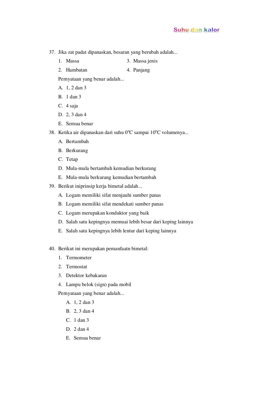 Fisika suhu dan kalor beserta soal pilihan ganda