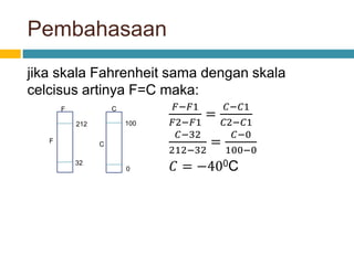 Pembahasaan
jika skala Fahrenheit sama dengan skala
celcisus artinya F=C maka:
𝐹−𝐹1
𝐹2−𝐹1
=
𝐶−𝐶1
𝐶2−𝐶1
𝐶−32
212−32
=
𝐶−0
100−0
𝐶 = −400C
212
32
F
F
100
0
C
C
 