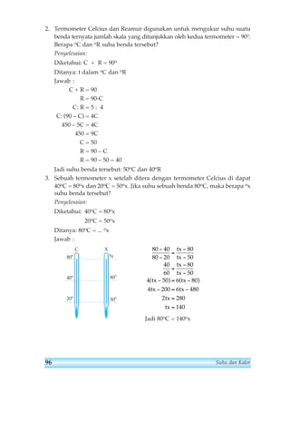 2. Termometer Celcius dan Reamur digunakan untuk mengukur suhu suatu 
benda ternyata jumlah skala yang ditunjukkan oleh kedua termometer = 90o. 
Berapa oC dan oR suhu benda tersebut? 
Penyelesaian: 
Diketahui: C + R = 90o 
Ditanya: t dalam oC dan oR 
Jawab : 
C + R = 90 
R = 90-C 
C: R = 5 : 4 
C: (90 – C) = 4C 
450 – 5C = 4C 
450 = 9C 
C = 50 
R = 90 – C 
R = 90 – 50 = 40 
Jadi suhu benda tersebut: 50oC dan 40oR 
3. Sebuah termometer x setelah ditera dengan termometer Celcius di dapat 
40oC = 80ox dan 20oC = 50ox. Jika suhu sebuah benda 80oC, maka berapa ox 
suhu benda tersebut? 
Penyelesaian: 
Diketahui: 40oC = 80ox 
20oC = 50ox 
Ditanya: 80oC = ... ox 
Jawab : 
80 40 
80 20 
80 
50 
40 
60 
80 
50 
− 
− 
= 
− 
− 
= 
− 
− 
tx 
tx 
tx 
tx 
( ) ( ) 
tx tx 
tx tx 
4 50 6 80 
4 200 6 480 
− = − 
− = − 
tx 
tx 
2 280 
140 
= 
= 
Jadi 80oC = 140ox 
80o 
C 
tX 
X 
40o 
20o 
80o 
50o 
96 Suhu dan Kalor 
 