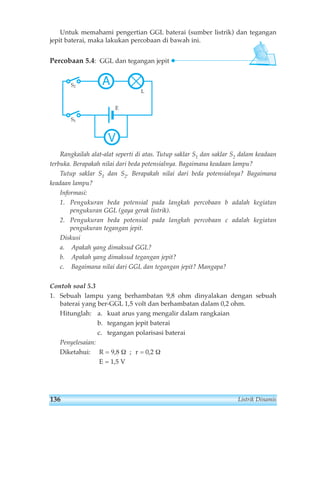 Untuk memahami pengertian GGL baterai (sumber listrik) dan tegangan 
jepit baterai, maka lakukan percobaan di bawah ini. 
Percobaan 5.4: GGL dan tegangan jepit 
E 
L 
A S2 
S1 
V 
Rangkailah alat-alat seperti di atas. Tutup saklar S1 dan saklar S2 dalam keadaan 
terbuka. Berapakah nilai dari beda potensialnya. Bagaimana keadaan lampu? 
Tutup saklar S1 dan S2. Berapakah nilai dari beda potensialnya? Bagaimana 
keadaan lampu? 
Informasi: 
1. Pengukuran beda potensial pada langkah percobaan b adalah kegiatan 
pengukuran GGL (gaya gerak listrik). 
2. Pengukuran beda potensial pada langkah percobaan c adalah kegiatan 
pengukuran tegangan jepit. 
Diskusi 
a. Apakah yang dimaksud GGL? 
b. Apakah yang dimaksud tegangan jepit? 
c. Bagaimana nilai dari GGL dan tegangan jepit? Mangapa? 
Contoh soal 5.3 
1. Sebuah lampu yang berhambatan 9,8 ohm dinyalakan dengan sebuah 
baterai yang ber-GGL 1,5 volt dan berhambatan dalam 0,2 ohm. 
Hitunglah: a. kuat arus yang mengalir dalam rangkaian 
b. tegangan jepit baterai 
c. tegangan polarisasi baterai 
Penyelesaian: 
Diketahui: R = 9,8 Ω ; r = 0,2 Ω 
E = 1,5 V 
136 Listrik Dinamis 
 