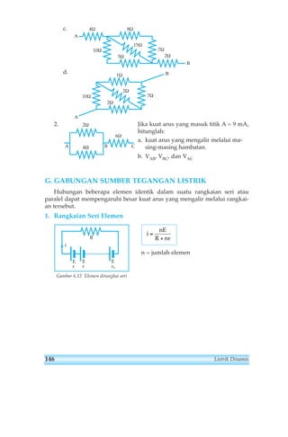 c. 
d. 
10Ω 7Ω 
2. Jika kuat arus yang masuk titik A = 9 mA, 
hitunglah: 
a. kuat arus yang mengalir melalui ma-sing- 
masing hambatan. 
b. VAB, VBC, dan VAC 
6Ω 
G. GABUNGAN SUMBER TEGANGAN LISTRIK 
Hubungan beberapa elemen identik dalam suatu rangkaian seri atau 
paralel dapat mempengaruhi besar kuat arus yang mengalir melalui rangkai-an 
tersebut. 
1. Rangkaian Seri Elemen 
i 
nE 
R nr 
= 
+ 
n = jumlah elemen 
i 
R 
Er 
Er 
Er 
n 
2Ω 
A B C 
4Ω 
1Ω 
2Ω 
2Ω 
Α 
Β 
4Ω 8Ω 
15Ω 
5Ω 
7Ω 
2Ω 
10Ω 
Α 
Β 
Gambar 6.12 Elemen dirangkai seri 
146 Listrik Dinamis 
 