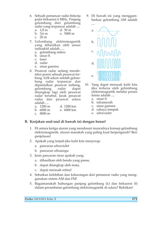 6. Sebuah pemancar radio bekerja 
pada frekuensi 6 MHz. Panjang 
gelombang dari gelombang 
radio yang terpancar adalah .... 
a. 1,8 m d. 50 m 
b. 3,6 m e. 5000 m 
c. 20 m 
7. Gelombang elektromagnetik 
yang dihasilkan oleh unsur 
radioaktif adalah ..... 
a. gelombang mikro 
b. sinar-X 
c. laser 
d. radar 
e. sinar gamma 
8. Pesawat radar sedang mende-teksi 
posisi sebuah pesawat ter-bang. 
0,04 sekon setelah gelom-bang 
radar terpancar dan 
dipantulkan pesawat terbang, 
gelombang radar dapat 
ditangkap lagi oleh pesawat 
radar tersebut. Jarak pesawat 
radar dan pesawat udara 
adalah .... 
a. 1200 m d. 1200 km 
b. 6000 m e. 6000 km 
c. 8000 m 
9. Di bawah ini yang menggam-barkan 
gelombang AM adalah 
.... 
a. 
b. 
c. 
d. 
e. 
10. Yang dapat merusak kulit kita 
jika terkena oleh gelombang 
elektromagnetik melalui proses 
kimia adalah .... 
a. sinar-X 
b. inframerah 
c. sinar gamma 
d. cahaya tampak 
e. ultraviolet 
B. Kerjakan soal-soal di bawah ini dengan benar! 
1. Di antara ketiga aturan yang mendasari munculnya konsep gelombang 
elektromagnetik, aturan manakah yang paling kuat berpengaruh? Beri 
penjelasan! 
2. Apakah yang terjadi jika kulit kita menyerap: 
a. pancaran ultraviolet 
b. pancaran ultraungu 
3. Jenis pancaran sinar apakah yang: 
a. dihasilkan oleh benda yang panas, 
b. dapat ditangkap oleh mata, 
c. dapat merusak retina! 
4. Sebutkan kelebihan dan kekurangan dari pemancar radio yang meng-gunakan 
sistem AM dan FM! 
5. Bagaimanakah hubungan panjang gelombang (λ) dan frekuensi (f) 
dalam perambatan gelombang elektromagnetik di udara? Buktikan! 
Fisika SMA/MA Kelas X 171 
 