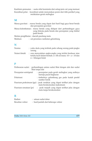 Koefisien pemuaian : suatu nilai konstanta dari setiap jenis zat yang memuai 
Koordinat polar : koordinat untuk menyatakan posisi dari titik partikel yang 
melakukan gerak melingkar 
M 
Massa gravitasi : massa benda yang dapat dari hasil bagi gaya berat benda 
dan percepatan gravitasi 
Massa kelembaman : massa benda yang didapat dari perbandingan gaya 
yang bekerja pada benda dan percepatan yang timbul 
pada benda 
Medan penglihatan : daerah pandang mata 
Medium : zat perantara rambatan gelombang 
N 
Nonius : yaitu skala yang terletak pada rahang sorong pada jangka 
sorong 
Notasi ilmiah : cara menyatakan angka-angka yang terlalu berdasar atau 
terlalu kecil dalam bentuk a x 10n di mana -10  a  10 dan 
n = bilangan bulat 
P 
Perbesaran sudut : perbandingan antara sudut lihat dengan alat dan sudut 
lihat tanpa alat 
Percepatan sentripetal : percepatan pada gerak melingkar yang arahnya 
menuju pusat lingkaran 
Polarisasi : timbulnya gelembung gas pada kutub positif 
sumber listrik 
Punctum proksimum (pp) : jarak terdekat yang dapat terlihat jelas dengan 
mata berakomodasi maksimum 
Punctum rematum (pr) : jarak terjauh yang dapat terlihat jelas dengan 
mata tanpa berakomodasi 
R 
Radian : satuan sudut datar 
Resultan vektor : hasil jumlah dari beberapa vektor 
Fisika SMA Kelas XII 177 
 