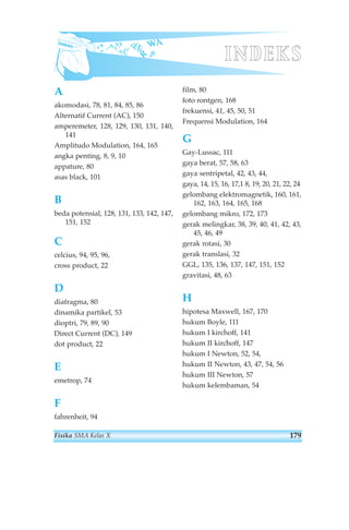 S DV WA 
ckNs 
dh 
Lg 
R 
d 
WAYa 
ckNs 
R 
Indeks 
A 
akomodasi, 78, 81, 84, 85, 86 
Alternatif Current (AC), 150 
amperemeter, 128, 129, 130, 131, 140, 
141 
Amplitudo Modulation, 164, 165 
angka penting, 8, 9, 10 
appature, 80 
asas black, 101 
B 
beda potensial, 128, 131, 133, 142, 147, 
151, 152 
C 
celcius, 94, 95, 96, 
cross product, 22 
D 
diafragma, 80 
dinamika partikel, 53 
dioptri, 79, 89, 90 
Direct Current (DC), 149 
dot product, 22 
E 
emetrop, 74 
F 
fahrenheit, 94 
INDEKS 
film, 80 
foto rontgen, 168 
frekuensi, 41, 45, 50, 51 
Frequensi Modulation, 164 
G 
Gay-Lussac, 111 
gaya berat, 57, 58, 63 
gaya sentripetal, 42, 43, 44, 
gaya, 14, 15, 16, 17,1 8, 19, 20, 21, 22, 24 
gelombang elektromagnetik, 160, 161, 
162, 163, 164, 165, 168 
gelombang mikro, 172, 173 
gerak melingkar, 38, 39, 40, 41, 42, 43, 
45, 46, 49 
gerak rotasi, 30 
gerak translasi, 32 
GGL, 135, 136, 137, 147, 151, 152 
gravitasi, 48, 63 
H 
hipotesa Maxwell, 167, 170 
hukum Boyle, 111 
hukum I kirchoff, 141 
hukum II kirchoff, 147 
hukum I Newton, 52, 54, 
hukum II Newton, 43, 47, 54, 56 
hukum III Newton, 57 
hukum kelembaman, 54 
Fisika SMA Kelas X 179 
 