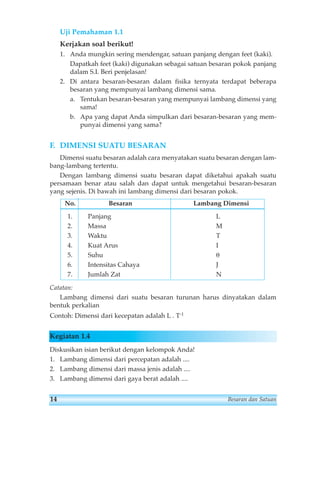 Uji Pemahaman 1.1 
Kerjakan soal berikut! 
1. Anda mungkin sering mendengar, satuan panjang dengan feet (kaki). 
Dapatkah feet (kaki) digunakan sebagai satuan besaran pokok panjang 
dalam S.I. Beri penjelasan! 
2. Di antara besaran-besaran dalam fisika ternyata terdapat beberapa 
besaran yang mempunyai lambang dimensi sama. 
a. Tentukan besaran-besaran yang mempunyai lambang dimensi yang 
sama! 
b. Apa yang dapat Anda simpulkan dari besaran-besaran yang mem-punyai 
dimensi yang sama? 
F. DIMENSI SUATU BESARAN 
Dimensi suatu besaran adalah cara menyatakan suatu besaran dengan lam-bang- 
lambang tertentu. 
Dengan lambang dimensi suatu besaran dapat diketahui apakah suatu 
persamaan benar atau salah dan dapat untuk mengetahui besaran-besaran 
yang sejenis. Di bawah ini lambang dimensi dari besaran pokok. 
No. Besaran Lambang Dimensi 
1. Panjang L 
2. Massa M 
3. Waktu T 
4. Kuat Arus I 
5. Suhu θ 
6. Intensitas Cahaya J 
7. Jumlah Zat N 
Catatan: 
Lambang dimensi dari suatu besaran turunan harus dinyatakan dalam 
bentuk perkalian 
Contoh: Dimensi dari kecepatan adalah L . T-1 
Kegiatan 1.4 
Diskusikan isian berikut dengan kelompok Anda! 
1. Lambang dimensi dari percepatan adalah .... 
2. Lambang dimensi dari massa jenis adalah .... 
3. Lambang dimensi dari gaya berat adalah .... 
14 Besaran dan Satuan 
 