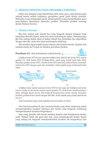 C. HUKUM NEWTON PADA DINAMIKA PARTIKEL 
Salah satu dampak yang ditimbulkan oleh suatu gaya yang bekerja pada 
sebuah benda adalah terjadinya perubahan gerak pada benda tersebut. 
Mekanika yang mempelajari gerak sebuah partikel yang memperhatikan gaya 
penyebabnya dinamakan dinamika partikel. Dinamika partikel tertuang 
dalam Hukum Newton. 
1. Hukum I Newton 
Jika kita sedang naik sebuah bus yang bergerak dengan kelajuan tetap 
kemudian tiba-tiba direm, tentu kita akan terdorong ke depan. Demikian juga 
jika kita sedang duduk diam di dalam sebuah bus, kemudian bus digerakkan 
dengan tiba-tiba, tentu kita akan terdorong ke belakang. 
Hal tersebut dapat terjadi karena adanya sifat lembam benda. Apakah sifat 
lembam benda itu? Untuk itu lakukan percobaan berikut. 
Percobaan 2.5: Sifat kelembaman sebuah benda. 
Letakkan kertas HVS di atas meja dan letakkan buku tebal di atas kertas HVS, seperti 
gambar (a). Tarik kertas HVS berlahan-lahan, amati yang terjadi pada buku tebal. 
Hentikan gerakan kertas HVS. Setelah kertas HVS dan buku tebal berhenti, kemudian 
tarik kertas HVS dengan cepat dan mendadak. Amati apakah yang terjadi pada buku 
tebal! 
Trolly Kertas manila 
meja 
HVS 
meja 
(a) (b) 
Buku 
Letakkan kertas manila seukuran kertas HVS di atas meja dan letakkan pula kereta 
luncur (trolly) di atas kertas manila, seperti gambar (b). Tarik kertas manila perlahan-lahan 
sehingga kereta luncur ikut bergerak bersama-sama kertas manila, kemudian 
hentikan gerakan kertas manila dengan tiba-tiba. Amati apakah yang terjadi pada kereta 
luncur! 
Tulis kesimpulan yang Anda dapatkan dari percobaan tersebut! 
Dari hasil percobaan di atas, ternyata benda yang diam cenderung untuk 
mempertahankan keadaan diamnya dan benda yang bergerak cenderung 
mempertahankan keadaan bergeraknya. 
Sifat yang dimiliki oleh benda tersebut disebut sifat kelembaman benda, 
yaitu Selama tidak ada gaya dari luar yang mempengaruhi benda, benda 
yang sedang tak bergerak mempertahankan keadaan tak bergeraknya dan 
Fisika SMA/MA Kelas X 53 
 